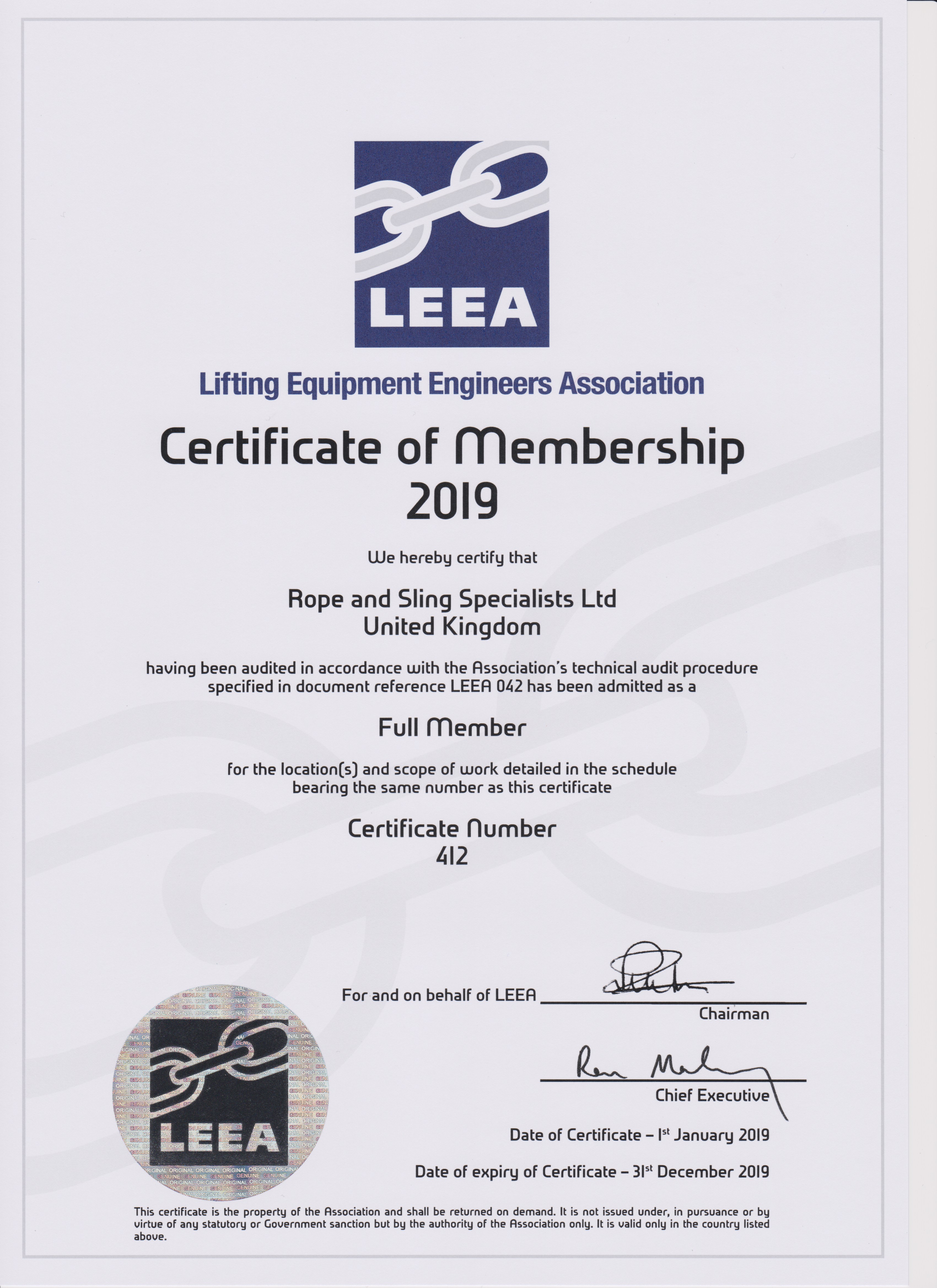 Accreditations Rope and Sling